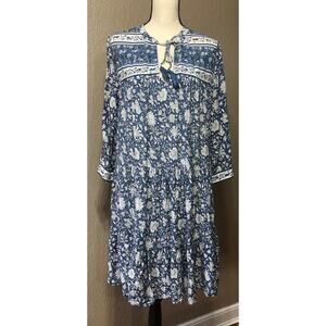 H & M L.O.O.G Women's Floral Flowy Oversized Dress Boho Bohemian Prairie Blue 8